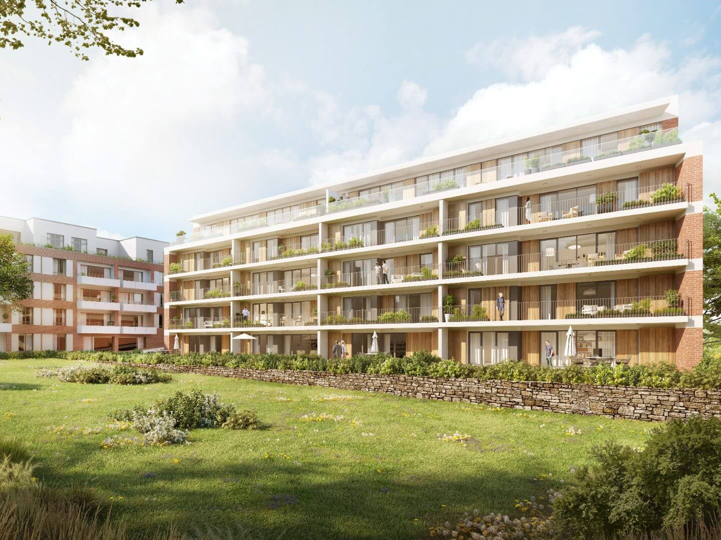 Visualisierung des modernen Wohnkomplexes Philosophenweg in Duisburg, ein Bauprojekt von Hellmich Bau mit großzügigen Balkonen und begrünten Außenanlagen.