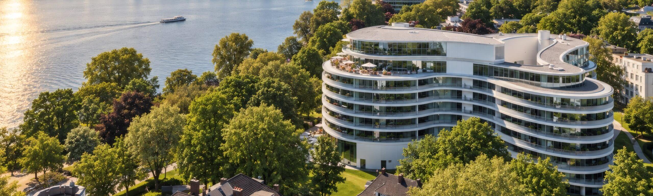 Luftaufnahme des modernen Wohngebäudes The Fontenay Hamburg, ein hochwertiges Projekt von Hellmich Bau, umgeben von grünen Bäumen und mit Blick auf die Alster.