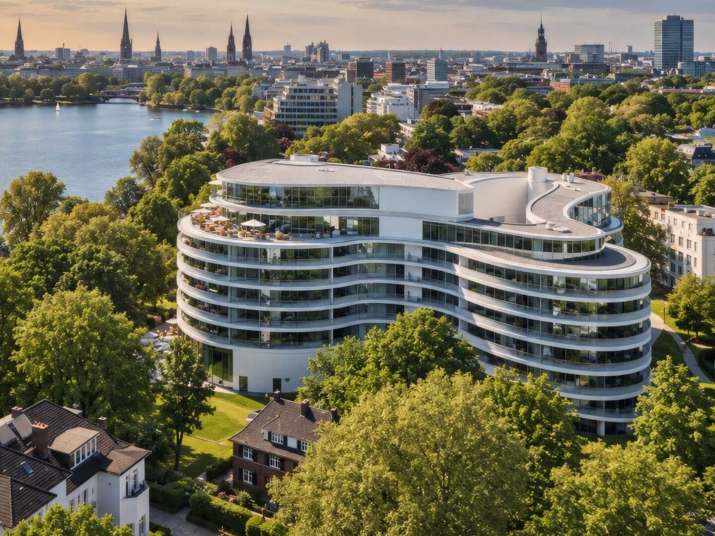 Luftaufnahme des modernen Wohngebäudes The Fontenay Hamburg, ein hochwertiges Projekt von Hellmich Bau, umgeben von grünen Bäumen und mit Blick auf die Alster. Luftaufnahme des modernen Wohngebäudes The Fontenay Hamburg, ein hochwertiges Projekt von Hellmich Bau, umgeben von grünen Bäumen und mit Blick auf die Alster.