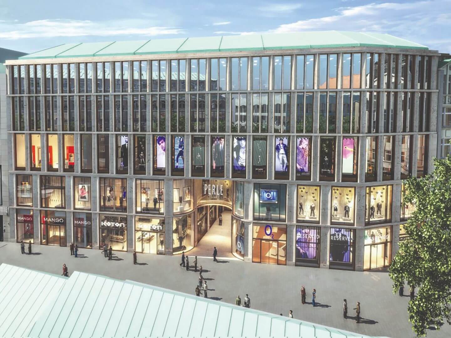 Ansicht des modernen Büro- und Geschäftshauses Spitaler Straße mit zahlreichen Glasfronten und beleuchteten Schaufenstern als Hellmich Bauprojekt. Ansicht des modernen Büro- und Geschäftshauses Spitaler Straße mit zahlreichen Glasfronten und beleuchteten Schaufenstern als Hellmich Bauprojekt.