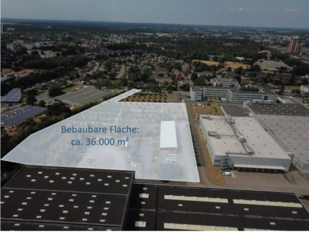 Luftaufnahme eines Gewerbegrundstücks an der Südstraße in Kamp-Lintfort mit markierter bebaubarer Fläche von ca. 36.000 m².