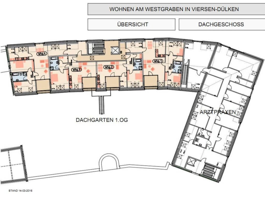 Architektonischer Grundriss des Dachgeschosses mit Wohnungen und Geschäftsräumen am Kesselsturm Viersen-Dülken