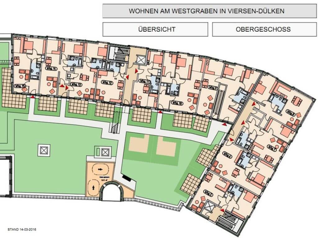 Detaillierter Grundriss mit Wohnungseinheiten und Außenflächen am Kesselsturm in Viersen-Dülken