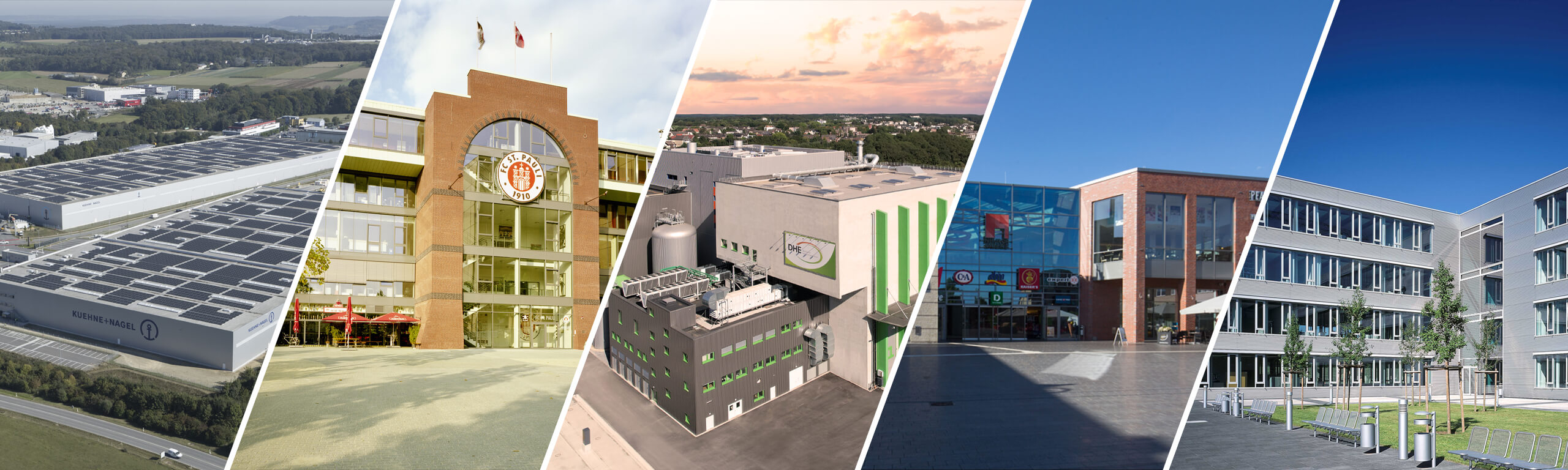 Kombination aus Industrieanlage, Bürogebäuden und Einzelhandelszentrum als Darstellung der HELLMICH-Branchen.