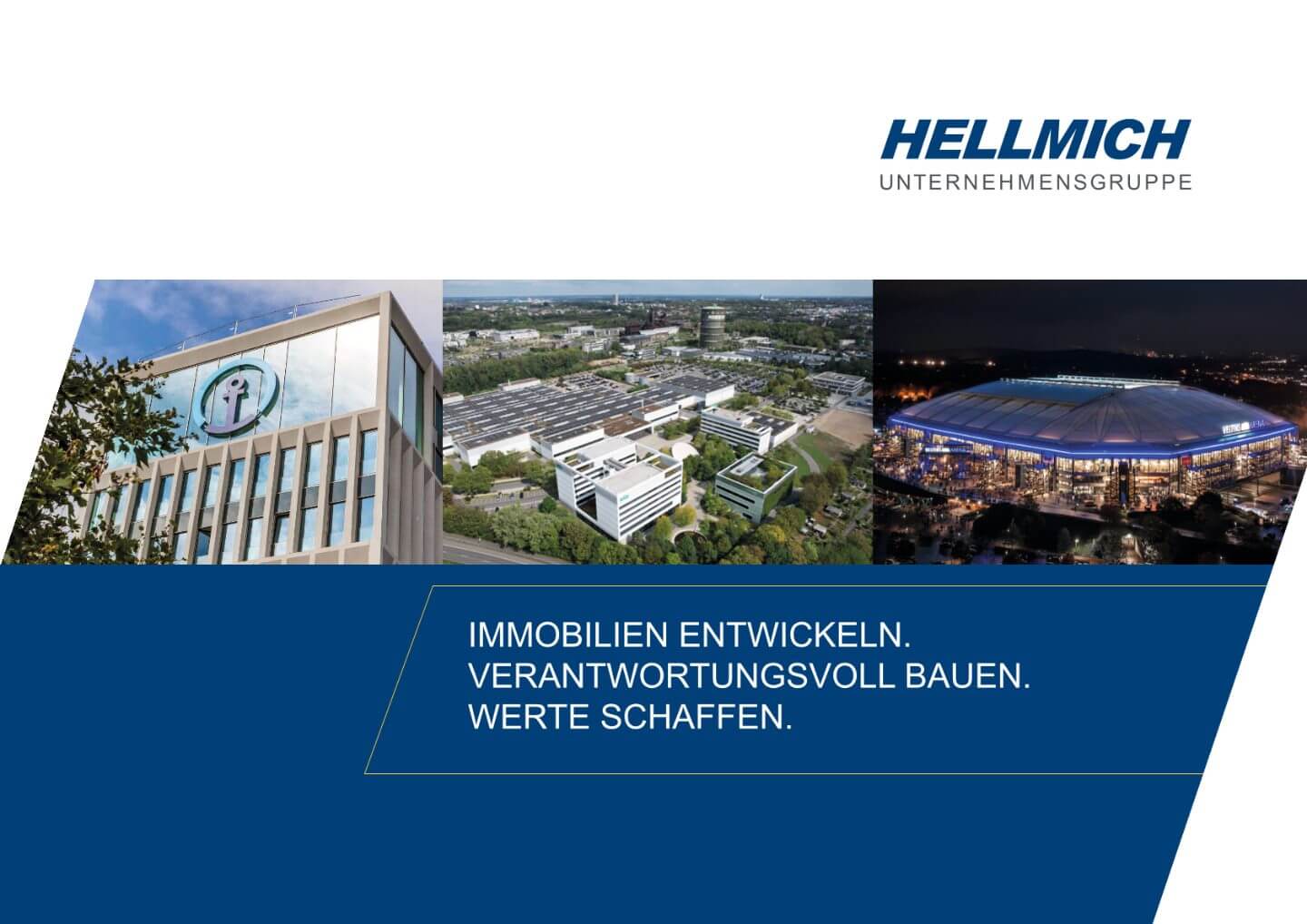 Titelseite der HELLMICH Imagebroschüre mit drei Gebäudefotos und Mission-Statement.