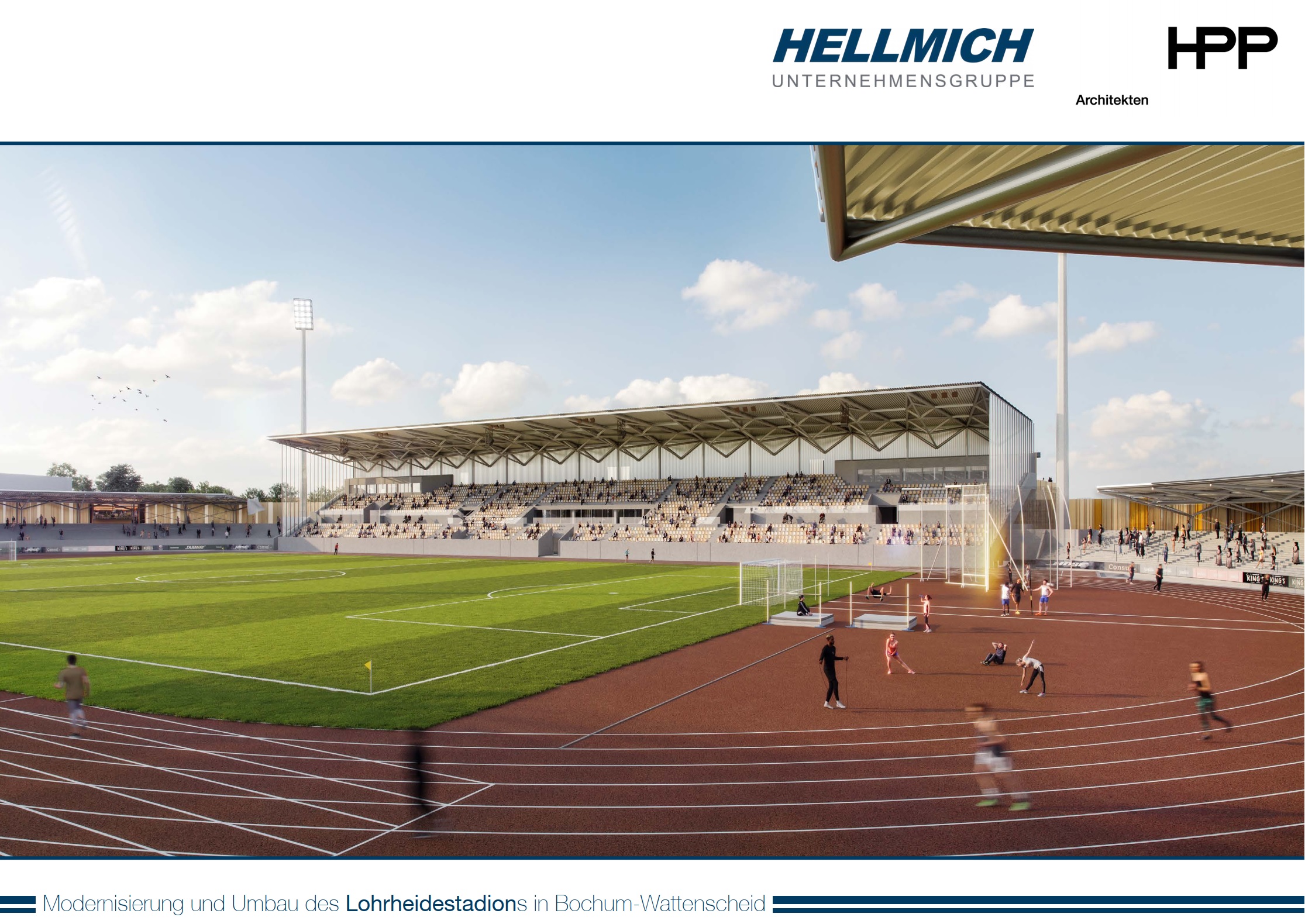 Blick auf das Lohrheidestadion mit moderner Tribüne und aktiven Sportlern auf der Laufbahn