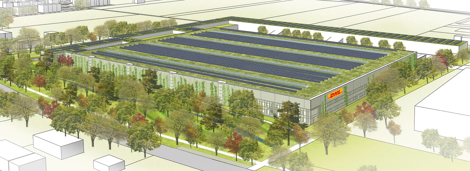 Visualisierung eines modernen Industriegebäudes mit Gründach und Solarpanelen, umgeben von Bäumen.