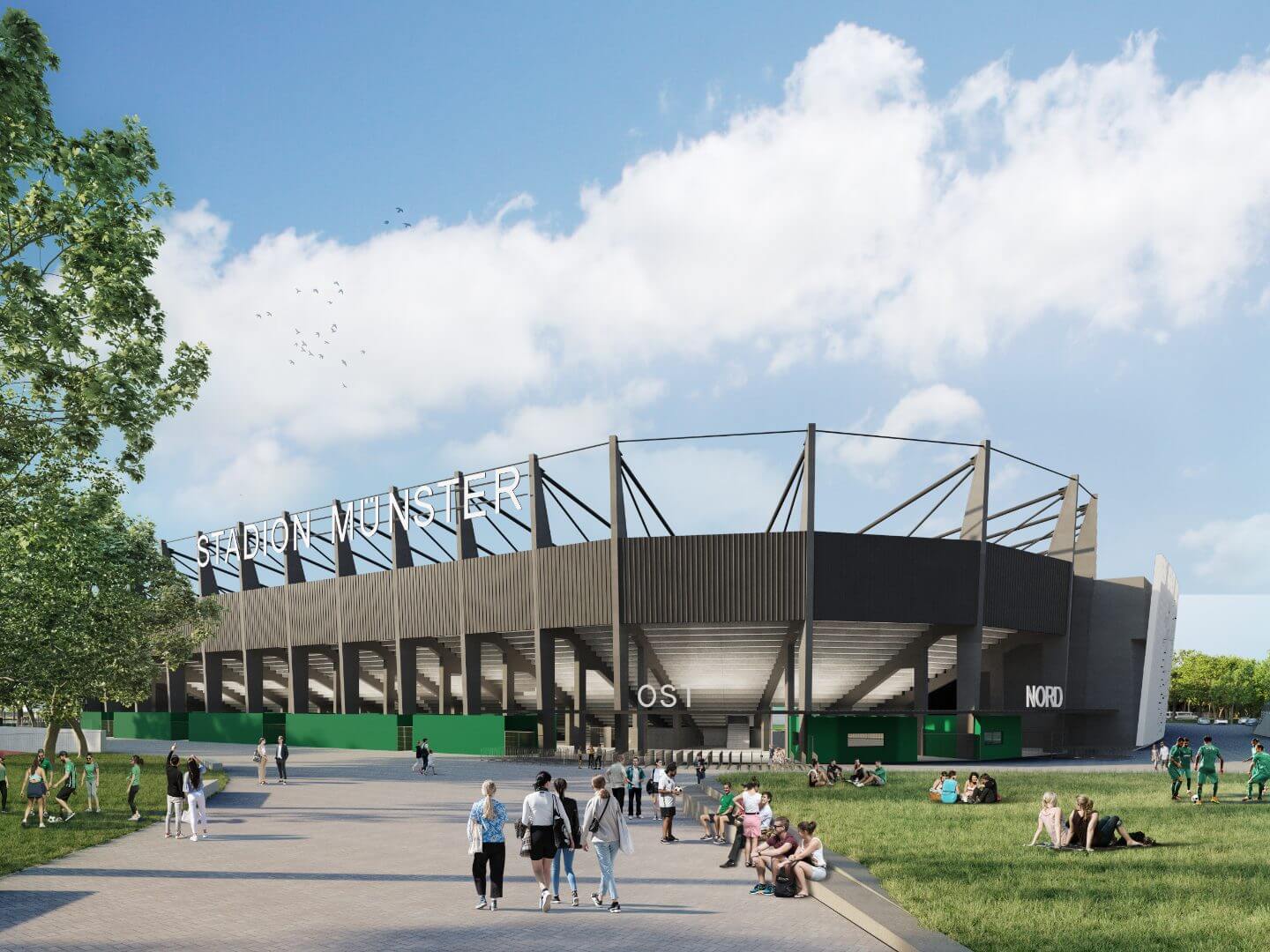 Das LVM-Preussenstadion in Münster aus der Perspektive vor dem Haupteingang, realisiert als Bauprojekt der Hellmich Gruppe.