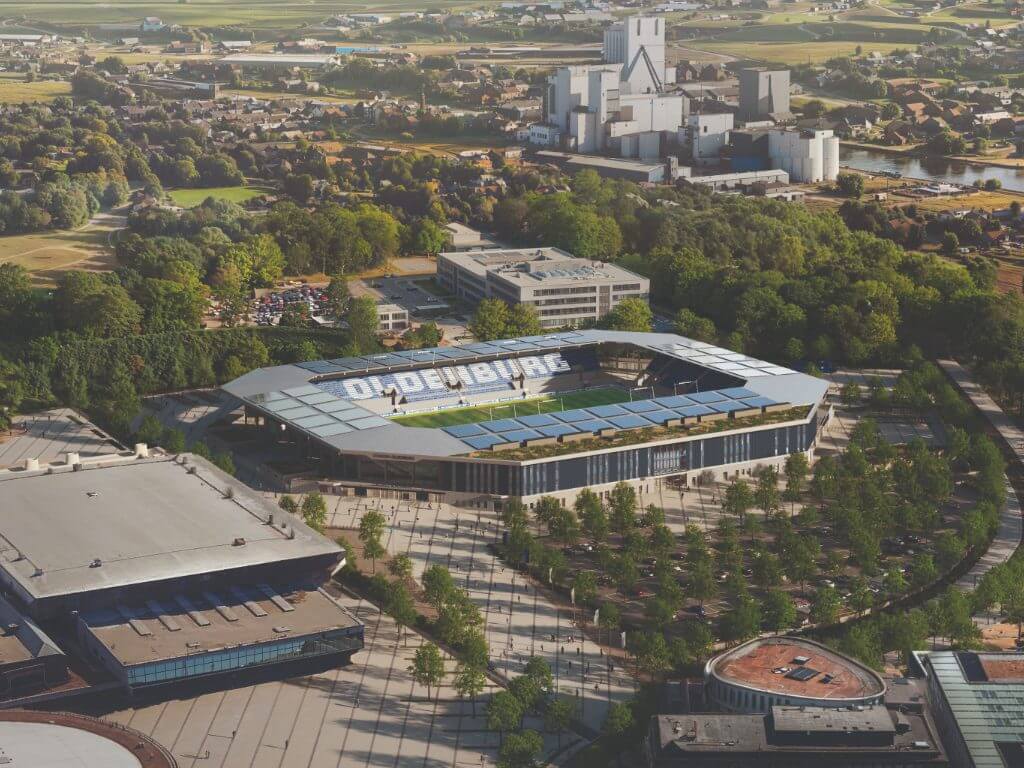 Grafische Darstellung des geplanten Stadions in Oldenburg mit angrenzenden Gebäuden und Grünflächen.